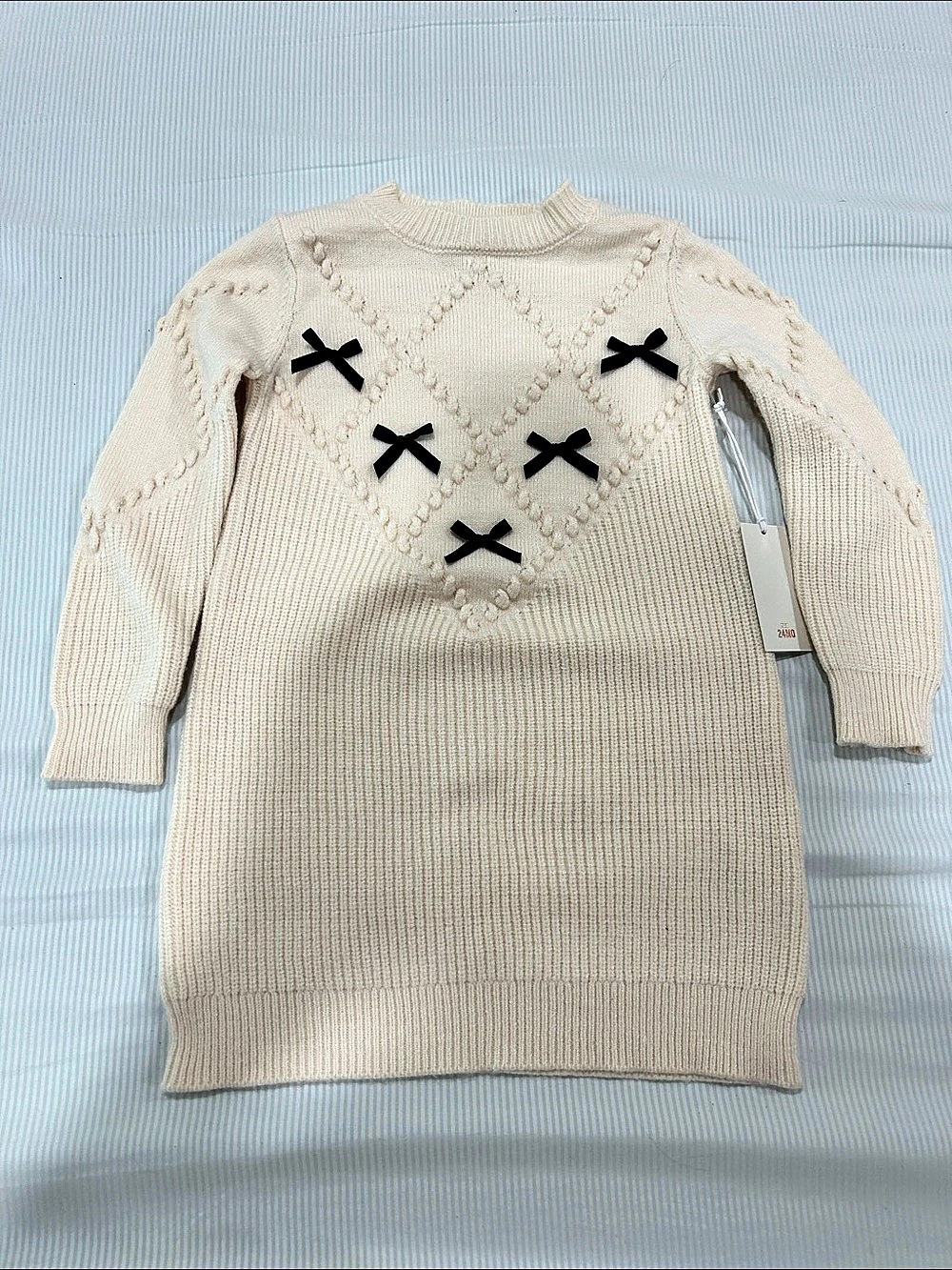 Zara Contrast Bow Knit Dress Cream Geometric Knit Sweater
